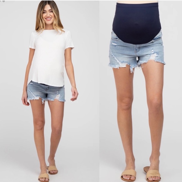 Pinkblush Medium Wash Distressed Raw Hem Full Panel Maternity Shorts - Picture 9 of 9
